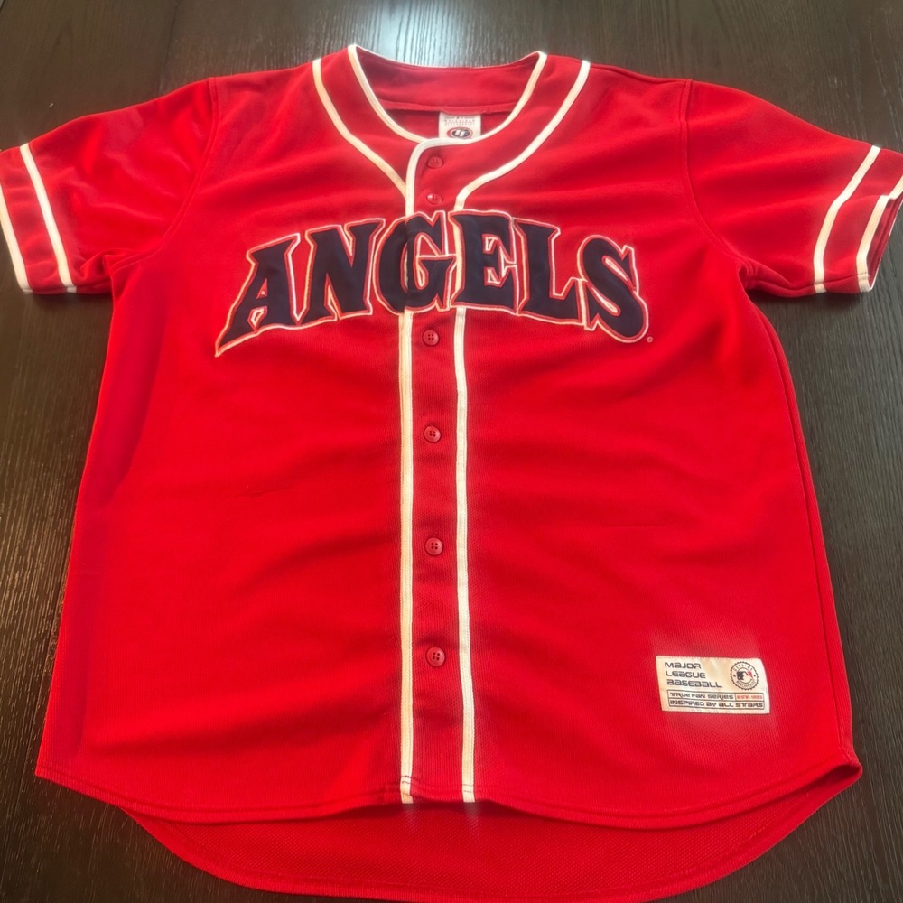 True Fan MLB Los Angeles Angels Baseball Jersey Red Mens Medium Button Up